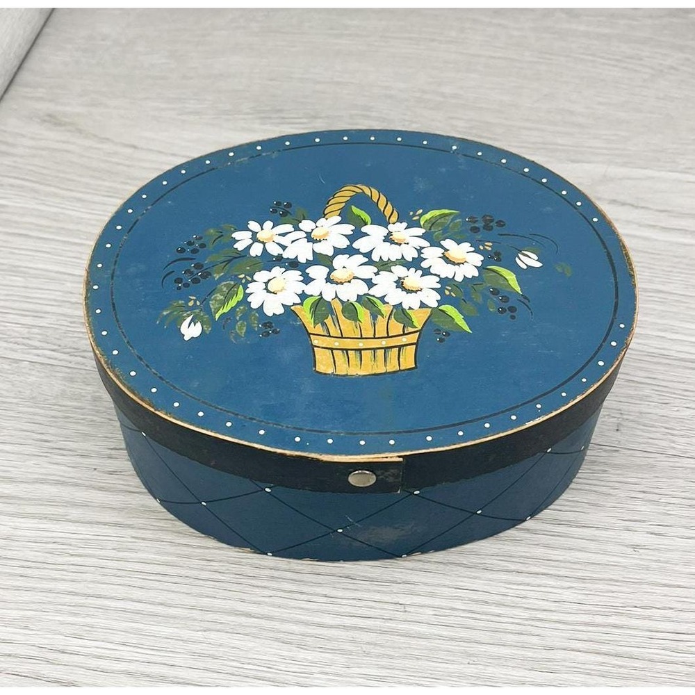 Vintage Blue Floral Trinket Box - Hand Painted Wooden Jewelry Box